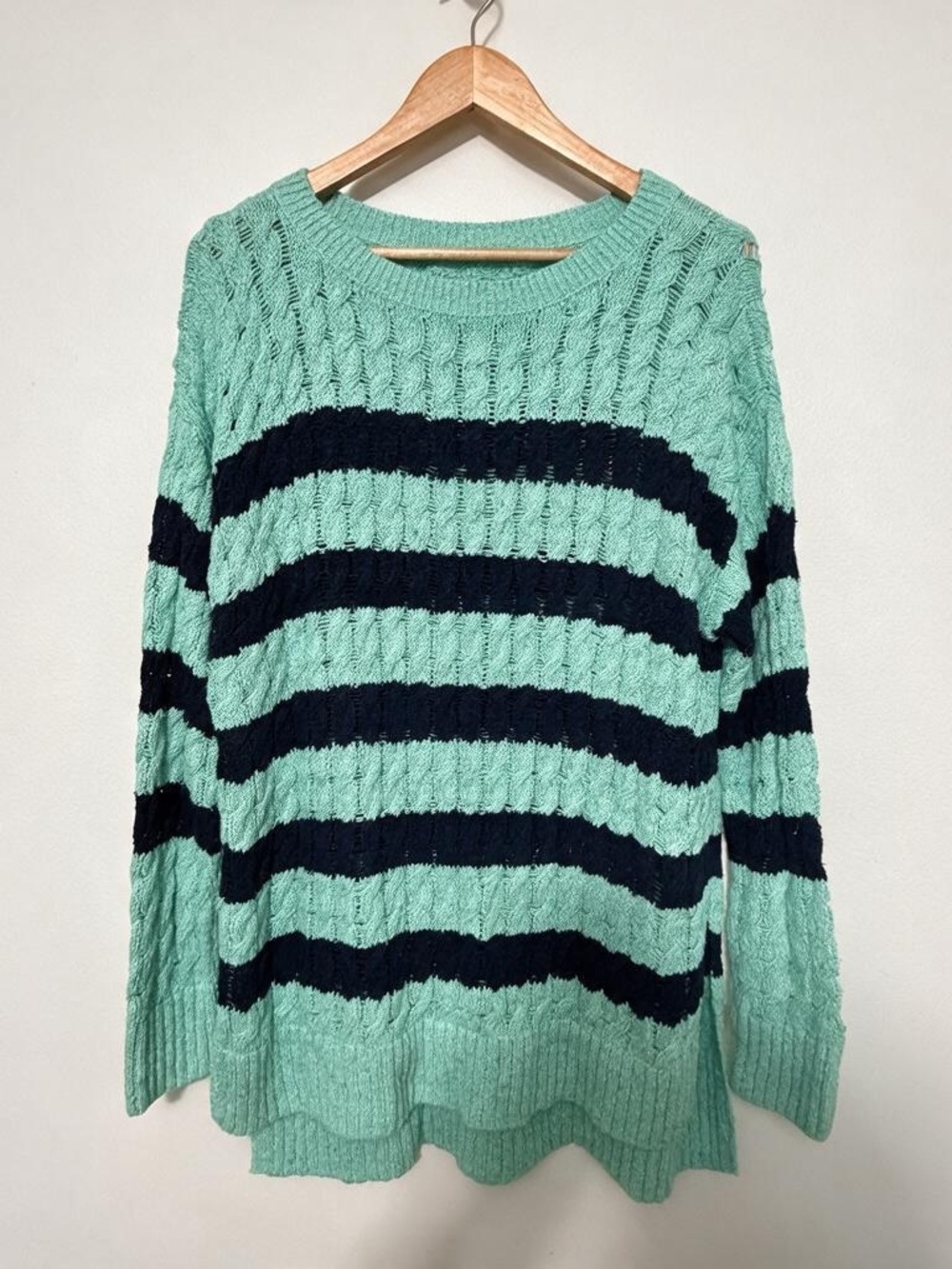 PILCRO Anthropologie Striped Open Cable Knit Sweater Medium Mint Green Navy